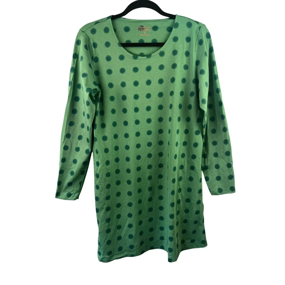 Gudrun Sjoden Tyra Jersey Organic Cotton Modal Green Polka Dot Tunic Top SZ M - Picture 2 of 7